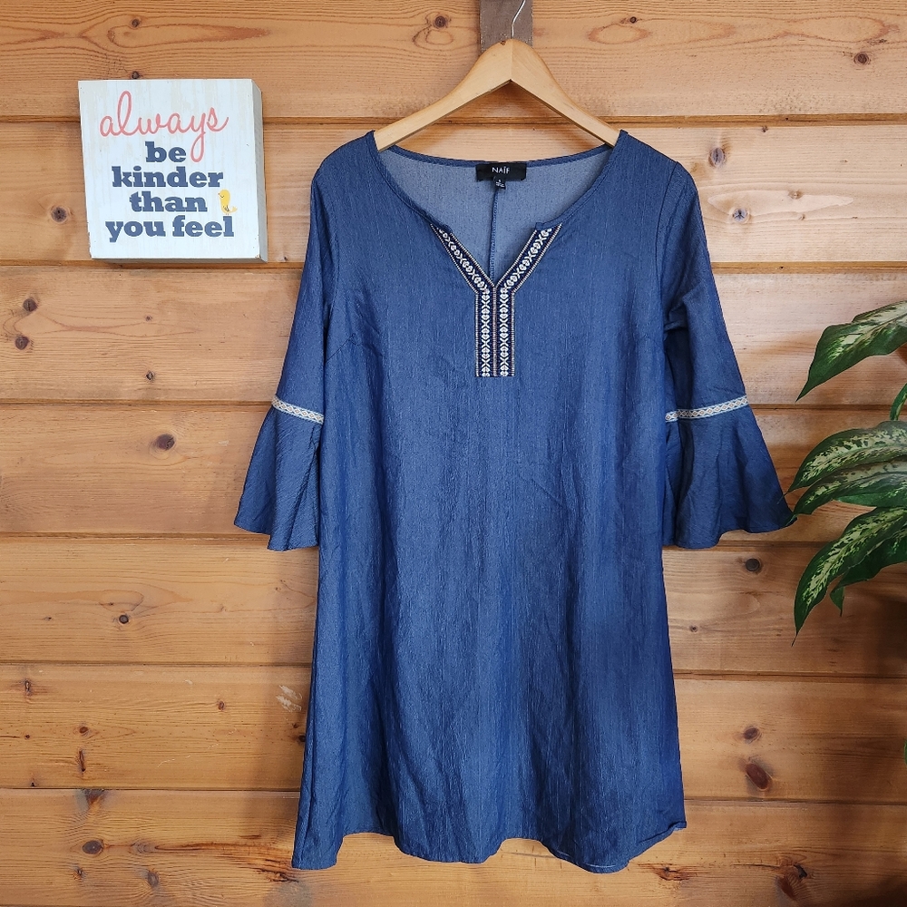 Naïf 💜 Blue Chambray Embroidered Trim 3/4 Sleeve Boho‎ Tunic Dress Bell Sz S